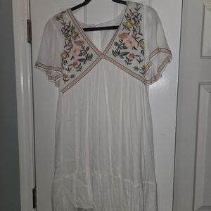 Three Bird Nest White Dress with Floral Embroidery